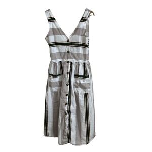 Striped Midi Dress Button Front Sleeveless‎ Casual with Pockets M